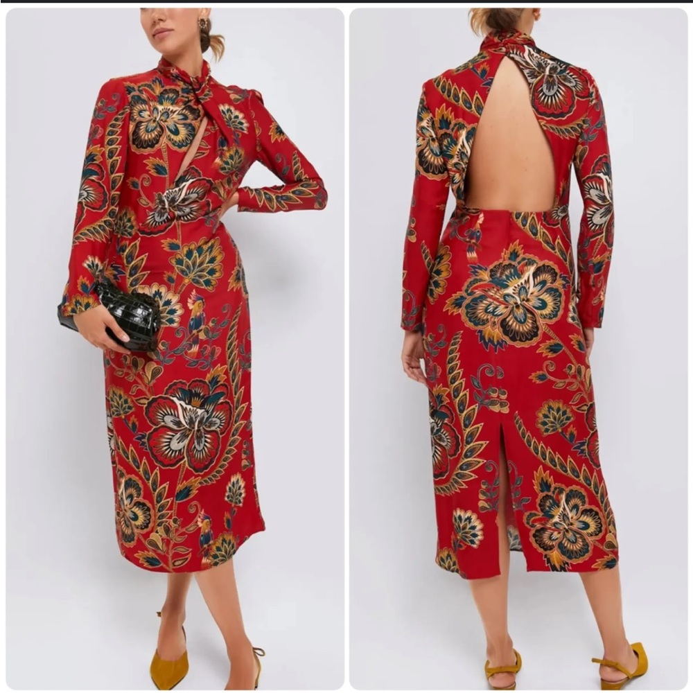 FARM Rio Red and Black Floral Midi Skirt